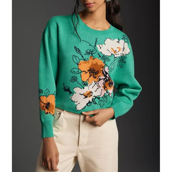 Anthropologie Maeve The Sonal Nathwani Camryn Cropped Crewneck Sweater Green XL - Picture 1 of 8